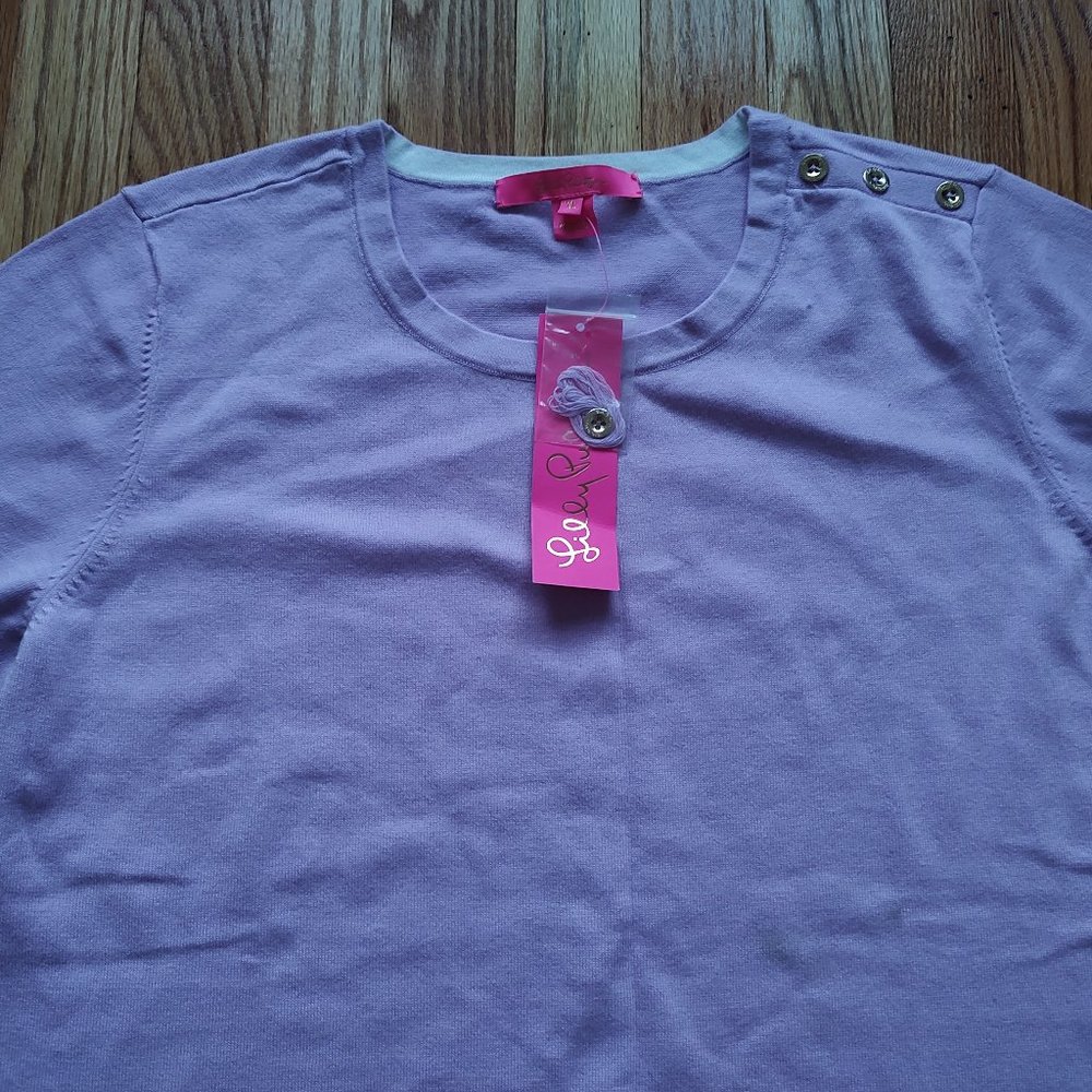 Lilly Pulitzer Callee Sweater Lilac Fressia Purple Pullover Gold White Buttons L - Picture 5 of 16